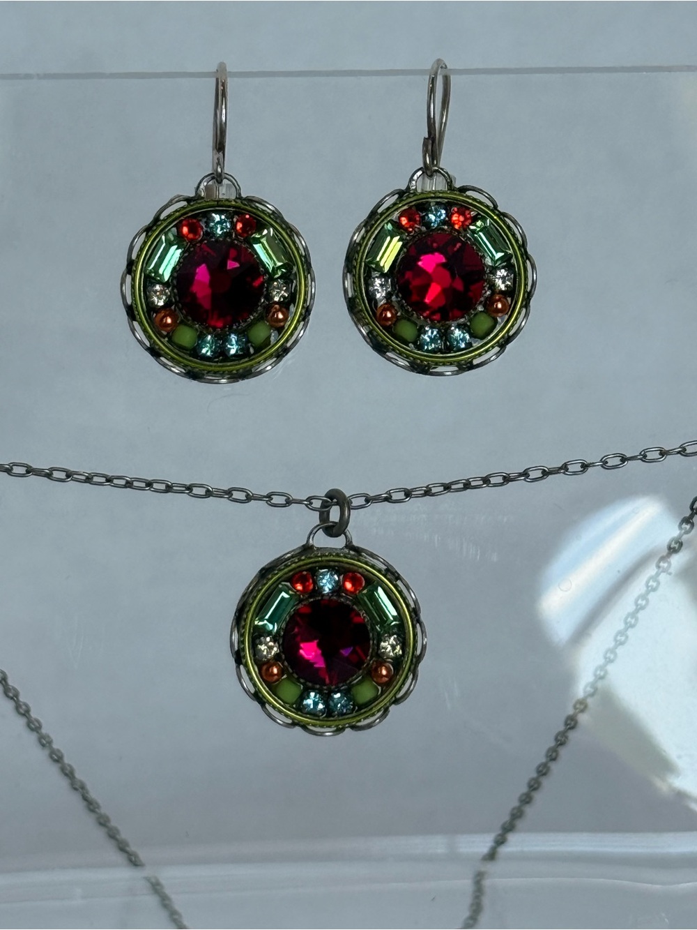 Firefly Multicolor Crystal Round Pendant Necklace and Earrings Set